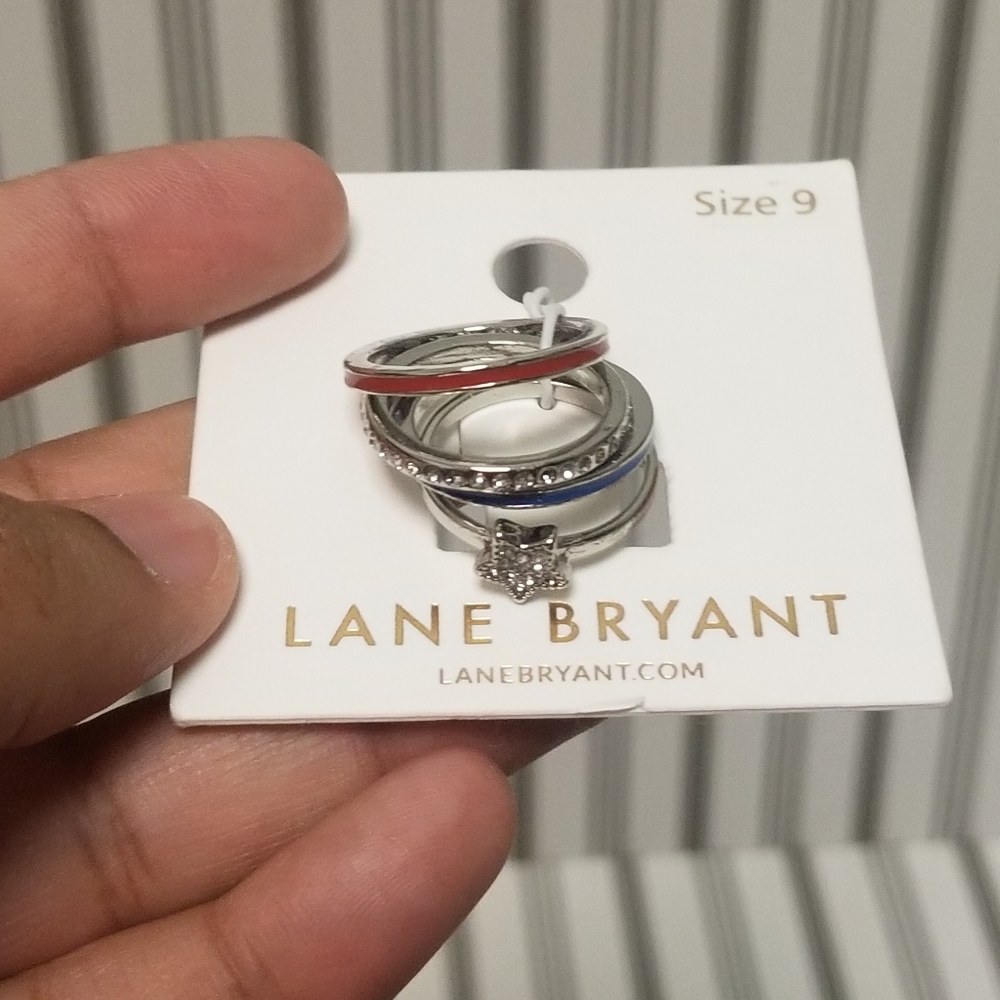 NWTS Lane Bryant Mixed & Match Stackable Rhinestone USA Theme Four Pack Ring Set